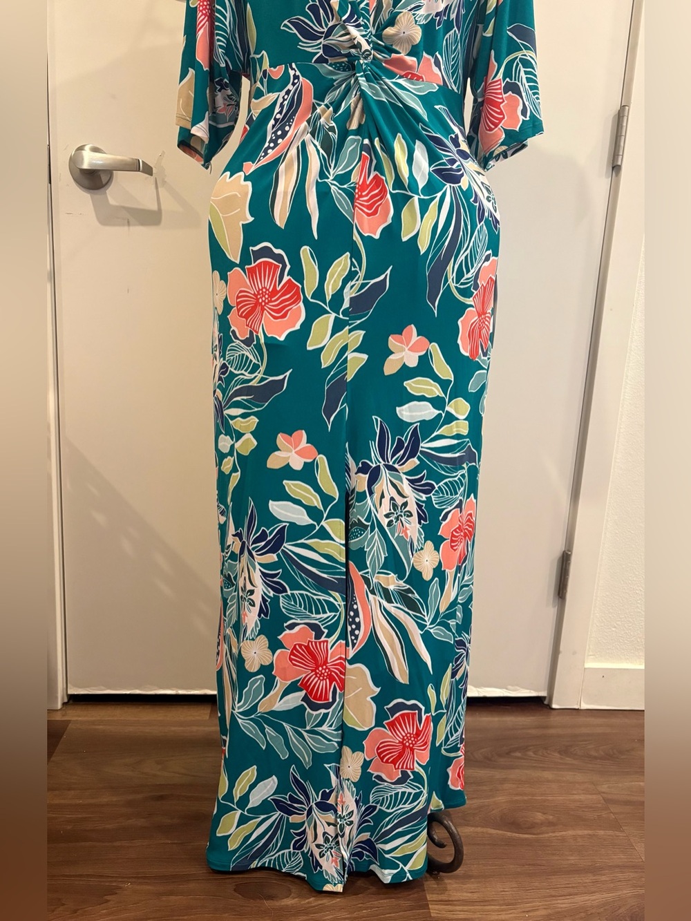 VENUS Teal Floral Knot-Waist Maxi Dress with Coral & Cream Blooms - Picture 4 of 10